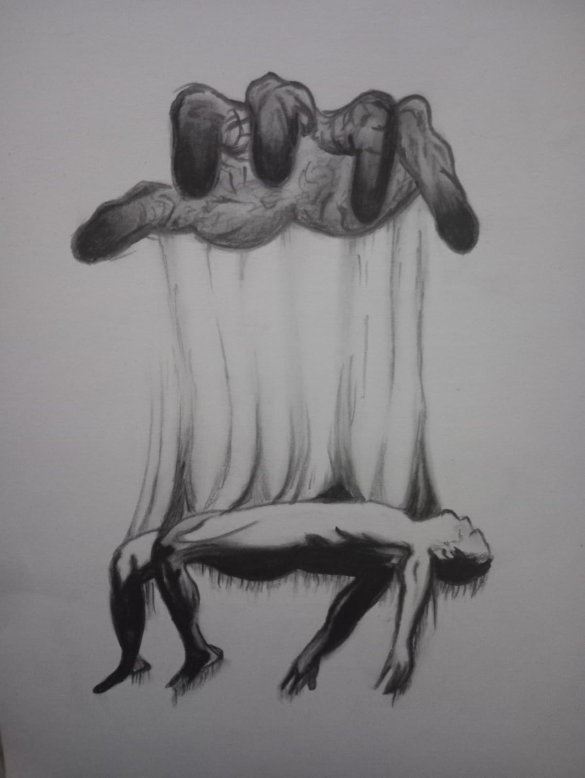 Charcoal sketch of a hand gripping fabric with a figure draped below