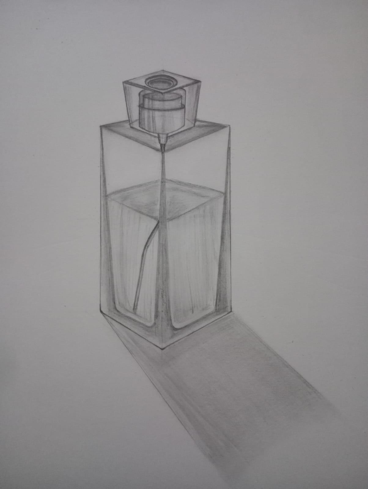 Pencil drawing of a square glass perfume bottle with long shadow