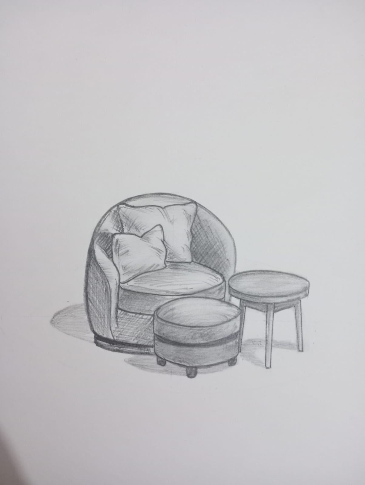 Pencil sketch of a curved armchair with two ottomans