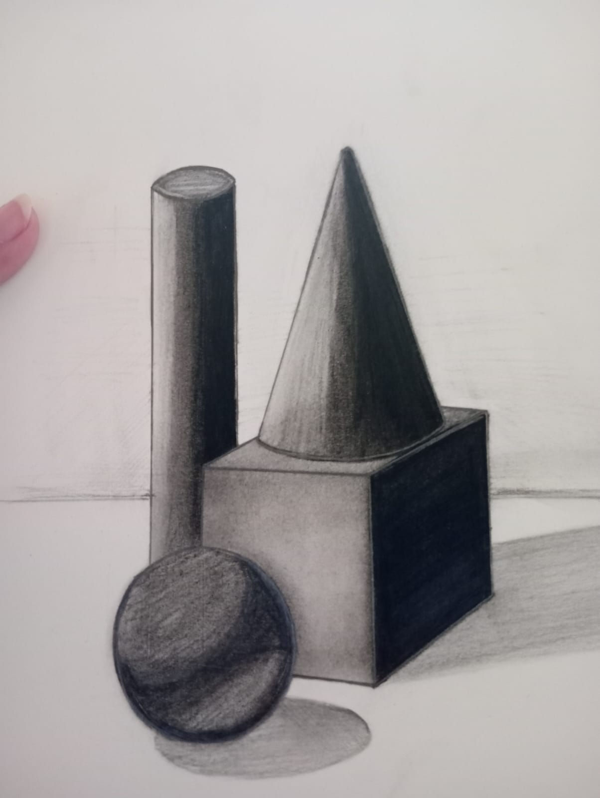 Pencil drawing of a cone on a cube next to a sphere and cylinder
